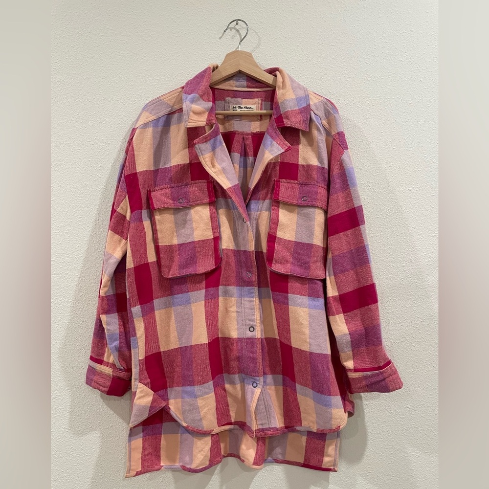 Free People We The Free Izzie Button Up Oversized Shirt Pink Plaid Medium - Picture 5 of 12